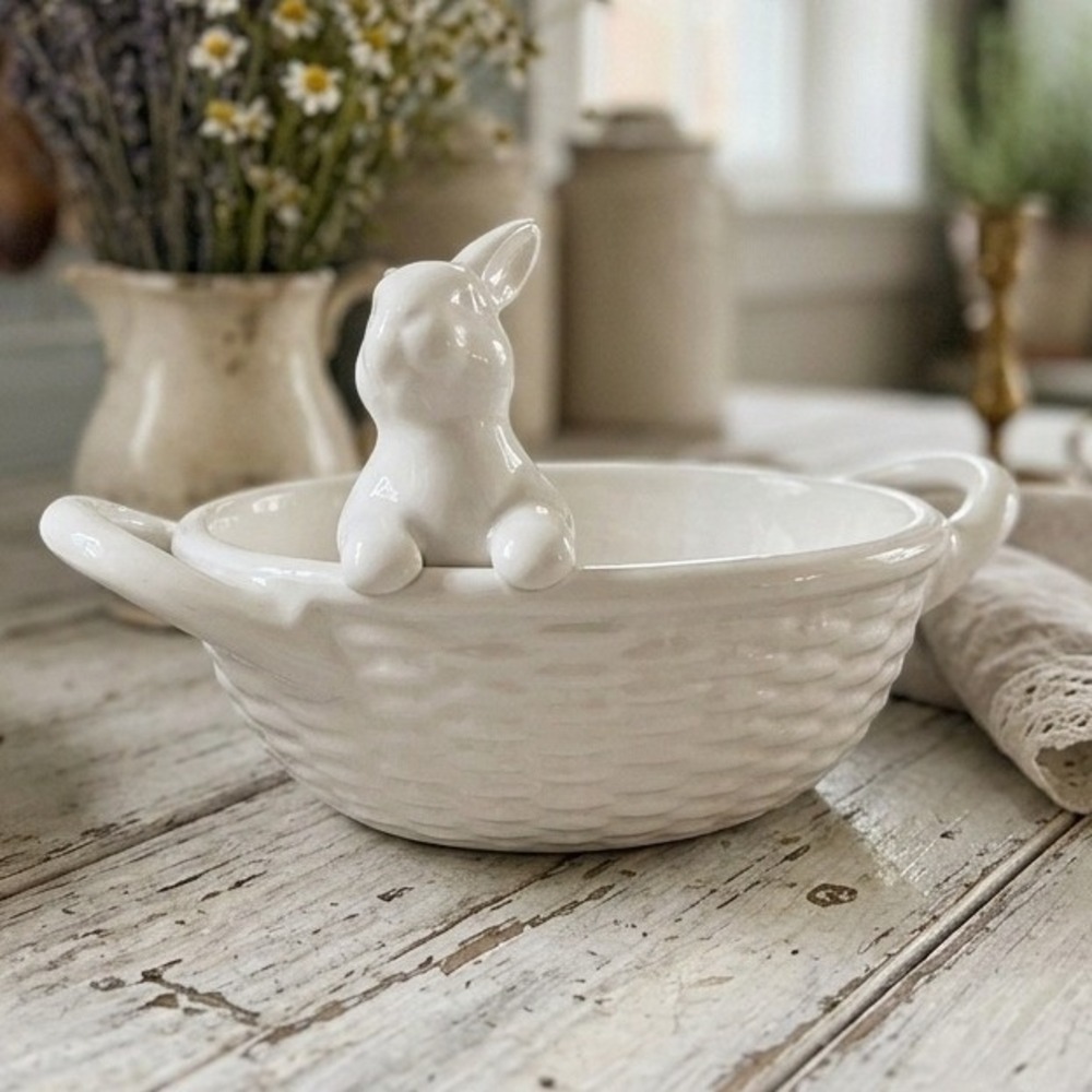Crofton White Ceramic Bunny Rabbit Basket Weave Candy Dish Easter Decor Bowl